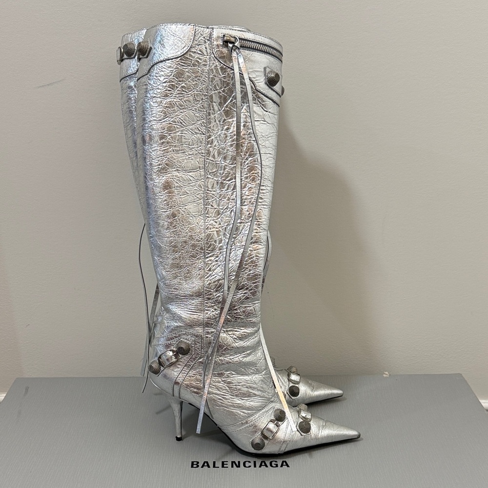 Balenciaga Metallic Silver Knee-High Pointed-Toe Stiletto Boots
